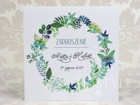 Zaproszenia ślubne zielone z wiankiem FL-14, na zdjęciu papier gładki biały