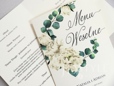 Karty menu na przyjęcie weselne z motywem kwiatowym piwonii i eukaliptusa FL-57-M